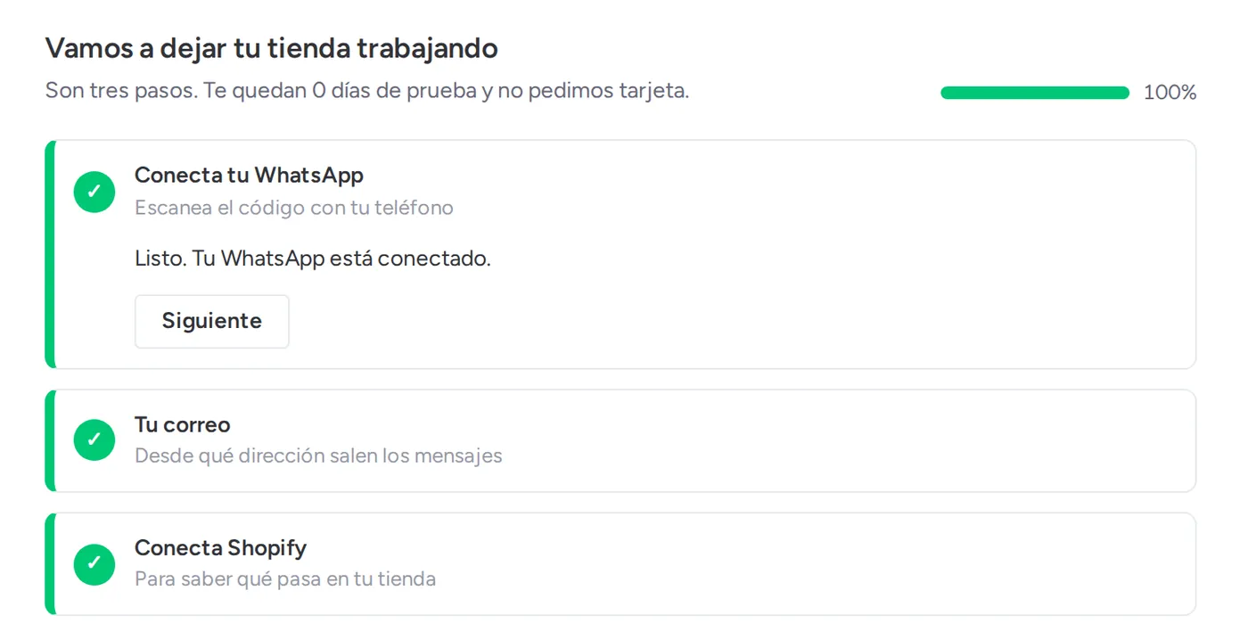 El alta en tres pasos: conecta tu WhatsApp, tu correo y tu tienda de Shopify