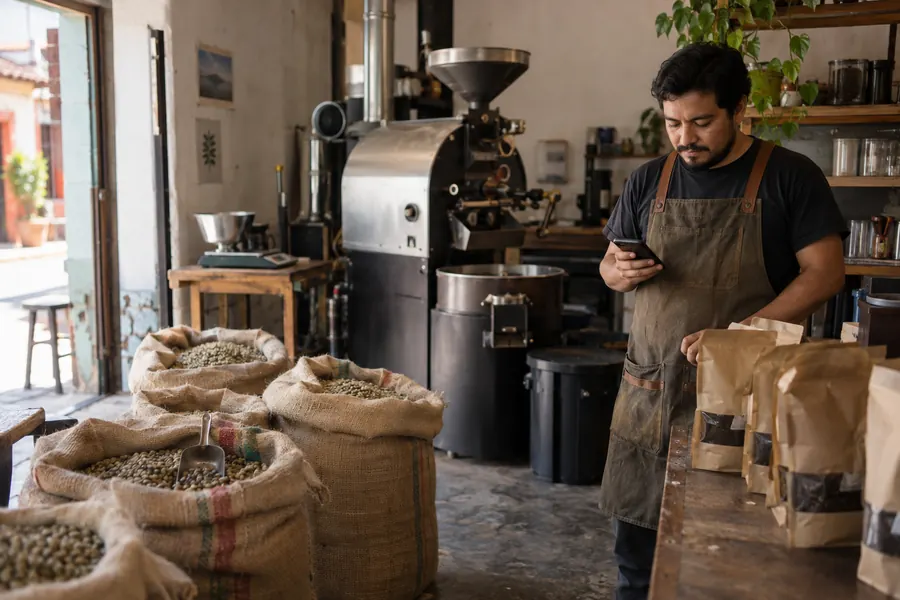 Tostador de café revisando un mensaje entre costales de grano y la tostadora