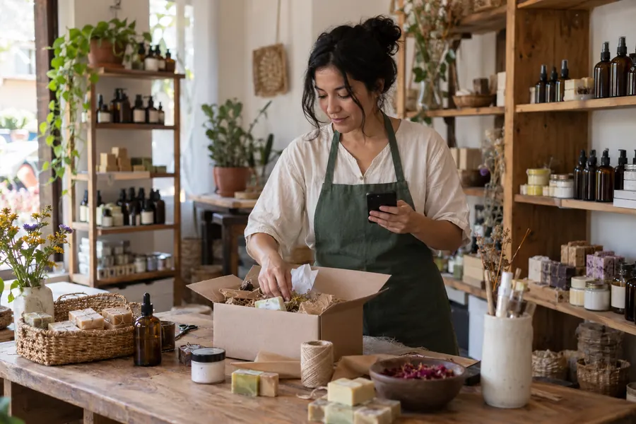 Dueña de una tienda de cosmética natural empacando un pedido con el teléfono en la mano