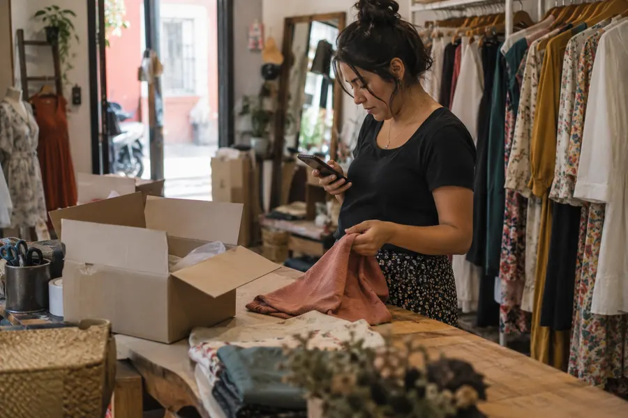 Dueña de una boutique de ropa doblando una prenda junto a cajas de envío