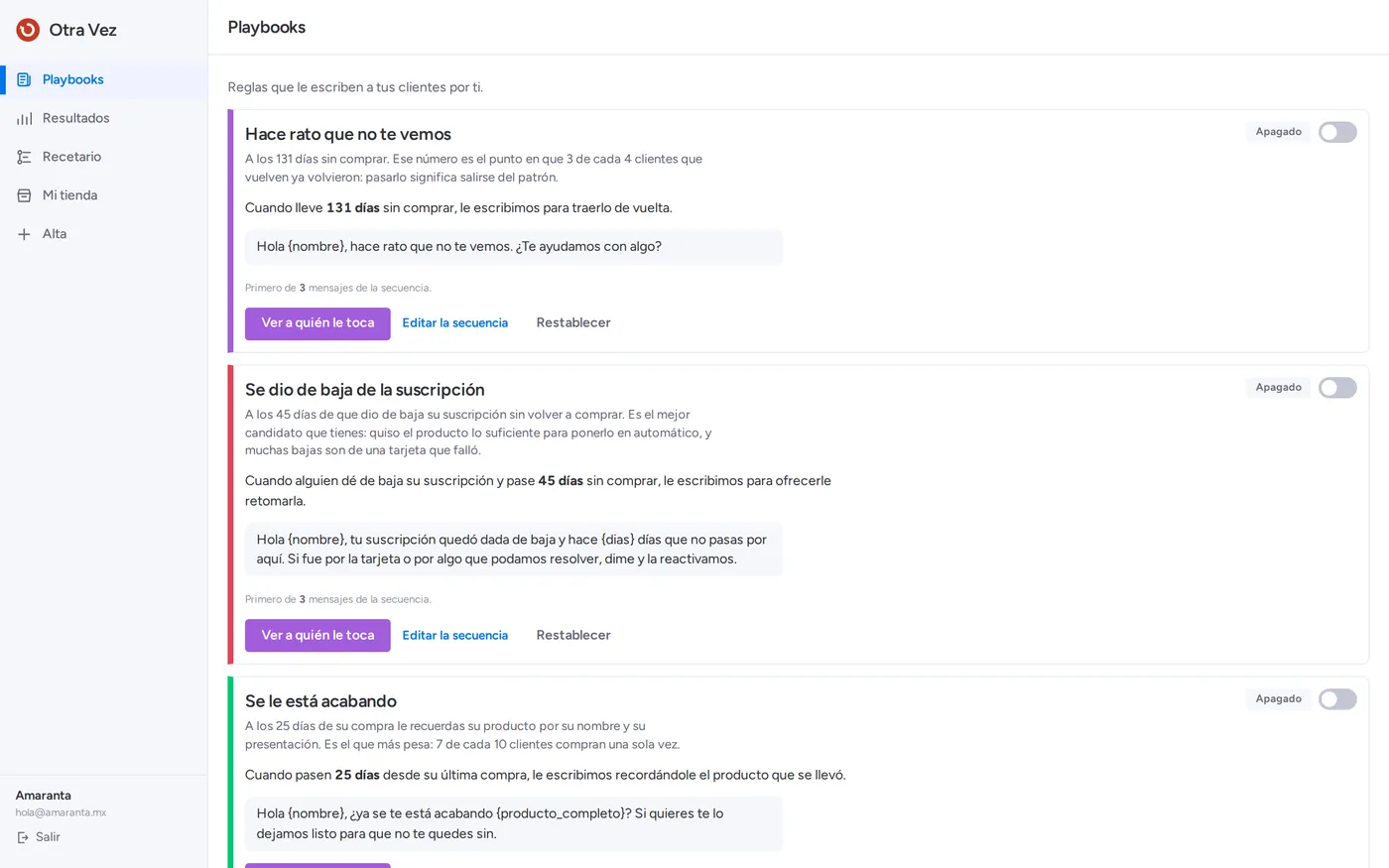 Panel de Otra Vez con los seis playbooks listos para encender