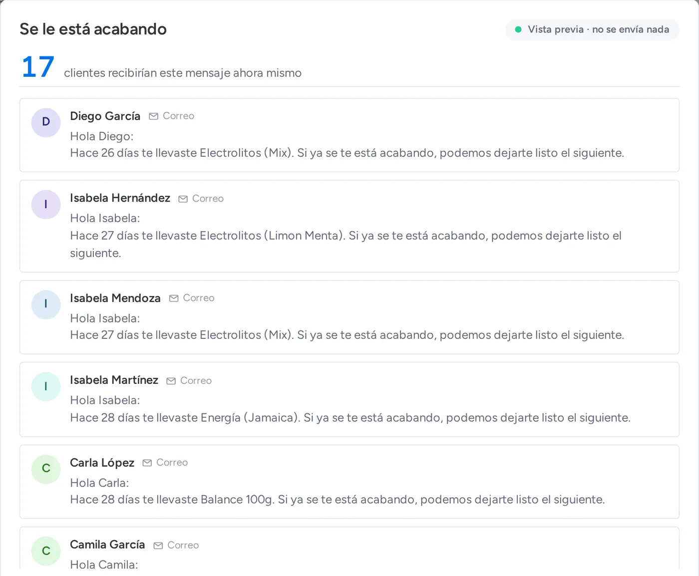Vista previa antes de encender: 17 clientes recibirían este mensaje ahora mismo, cada uno con su producto