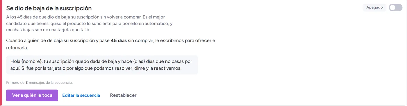El playbook de la suscripción dada de baja, con su mensaje para ofrecer retomarla
