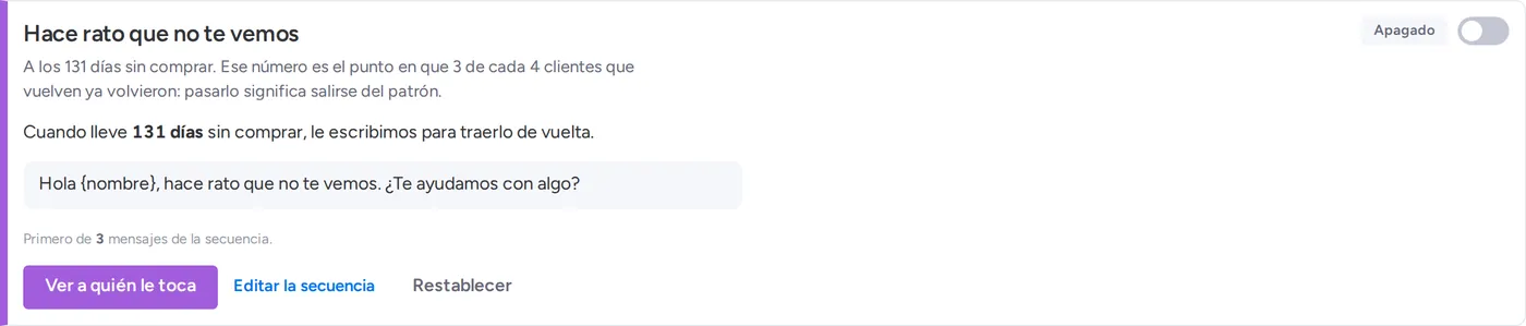 El playbook del cliente dormido: a los 131 días sin comprar, le escribimos para traerlo de vuelta