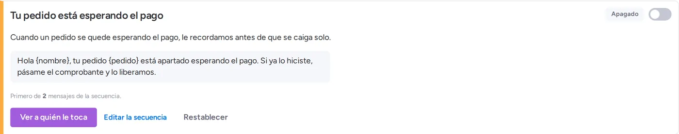 El playbook de pedido esperando el pago con su mensaje y el interruptor para encenderlo